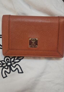 MCM Burnt Orange Saffiano Leather Wallet with Gold Plaque